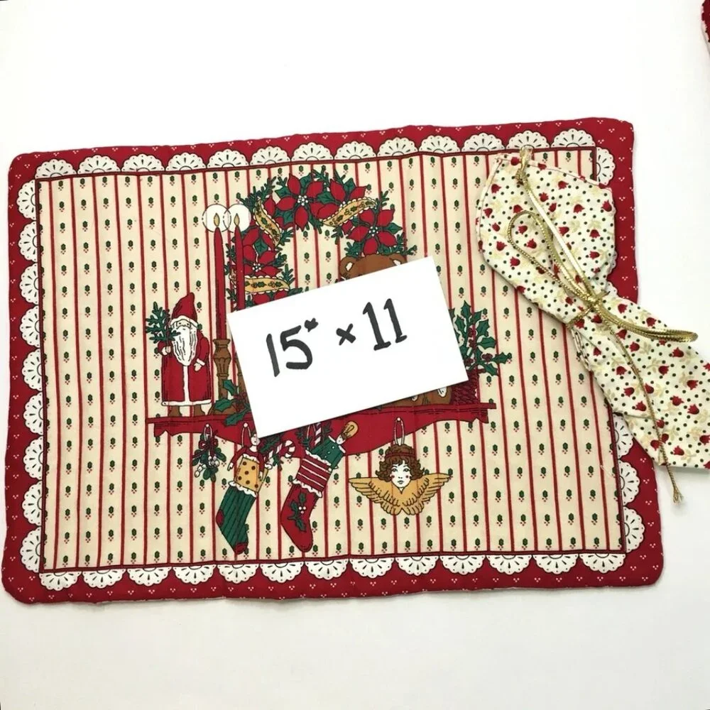 VTG 4 Quilted Holiday Placemats11”x15” 4 Matching Napkins Christmas Santa Angels